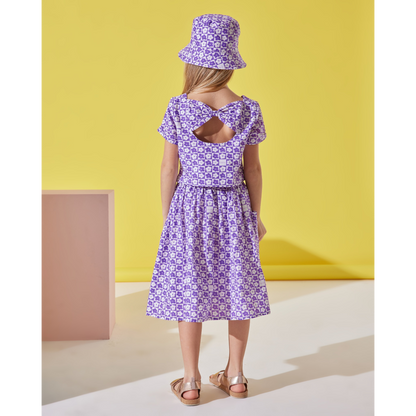 Mor Çiçek Desenli Kız Çocuk  Gömlek, Etek ve Şapka Takımı